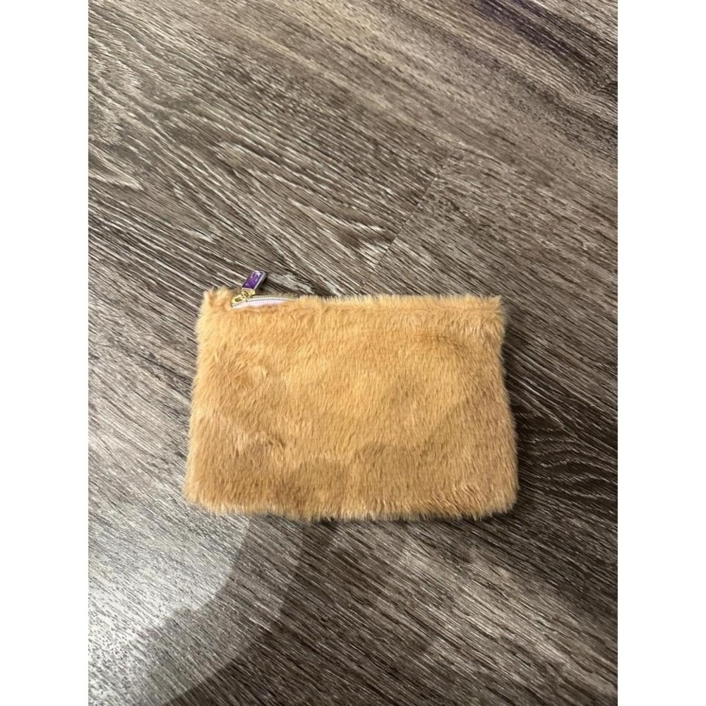 Faux Fur Pouch With‎ Purple Gem Zipper Accent Small Cosmetic Bag